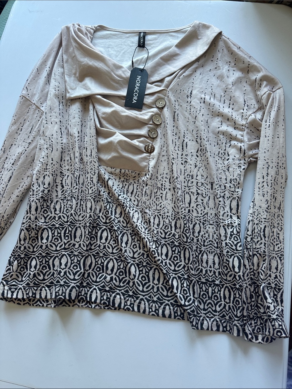 Women's Cream and Black Button-Accent Patterned Top